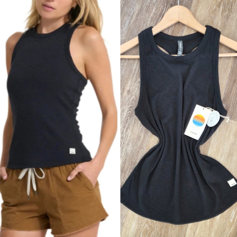 Vuori Sunrise High Neck Racerback Ribbed Tank Top NWT Black Stretch Rib Knit